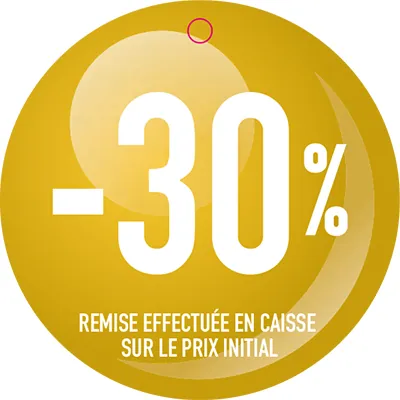 Etiquette ronde -30% ø 50 mm avec trou - Etiquette Soldes - Paquet de 100 - Etiquettes soldes