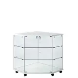 Vitrine comptoir d'angle en verre trempé socle blanc 2 tablettes 82 x 82 x 90 cm sur roulettes - Vitrine d’exposition - Vitrines Bois