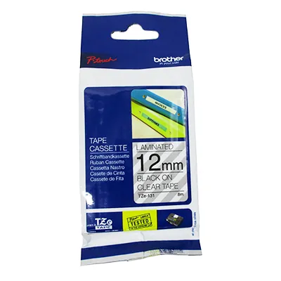 Ruban Brother 12 mm x 8 m - Écriture Noire sur fond transparent - Rubans cassettes pour Brother