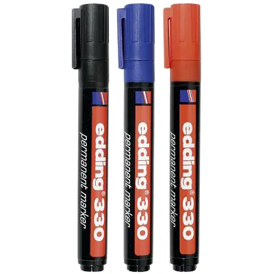 Marqueur indélébile Edding 330 pointe biseautée 1 à 5 mm - Marqueur permanent - Noir / Bleu / Rouge - Lot de 3 - Marqueurs