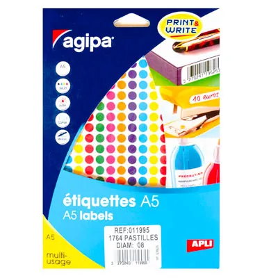 Pastille adhésive permanente couleurs assorties ø 8 mm Agipa - Pastille de signalisation - Étui de 1764 - Gommettes de couleur