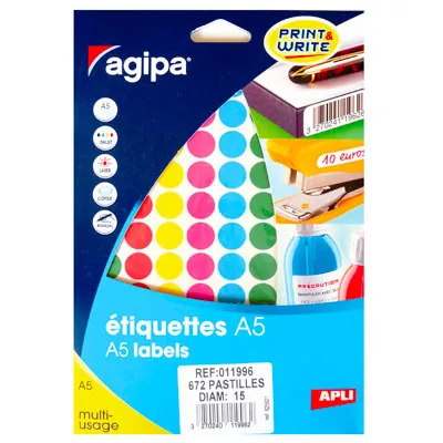 Pastille adhésive permanente couleurs assorties ø 15 mm Agipa - Pastille de signalisation - Étui de 672 - Pastilles adhésives, Gommettes autocollantes