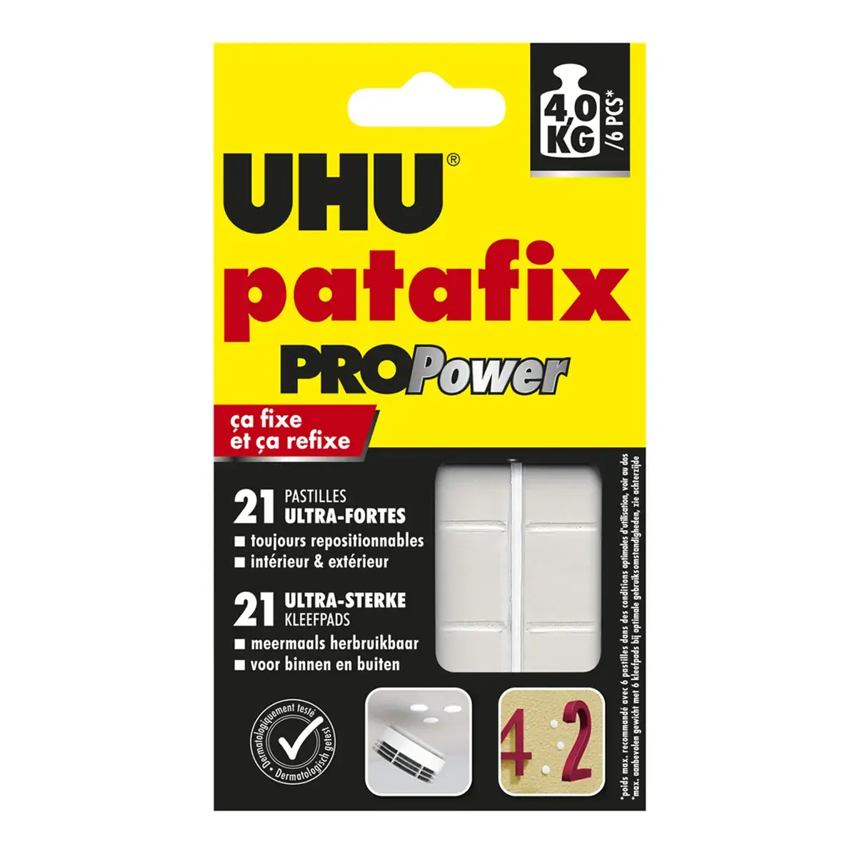Pastilles adhésives prédécoupées et repositionnables Patafix UHU Pro Power - Blanches - Étui de 21 pastilles - Rubans adhésif, Double face, Patafix