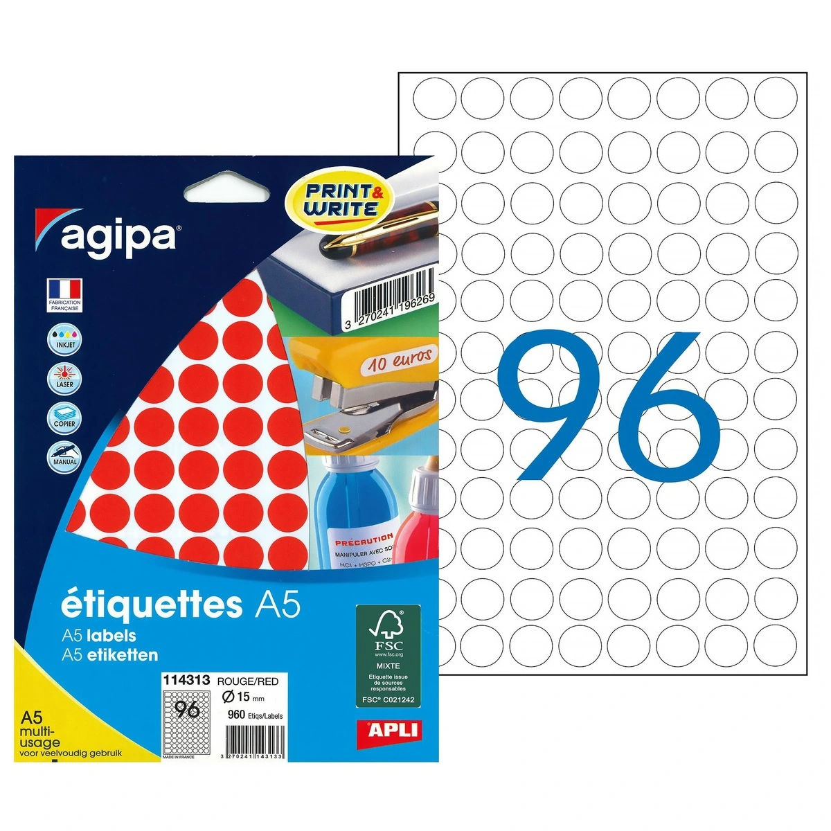 Pastille adhésive permanente Rouge ø 15 mm Agipa - Pastille de signalisation - Étui de 960 - Gommettes de couleur-2