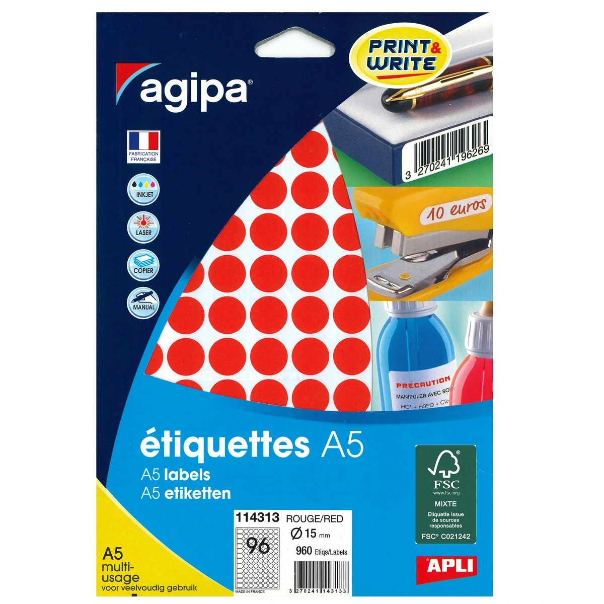 Pastille adhésive permanente Rouge ø 15 mm Agipa - Pastille de signalisation - Étui de 960 - Gommettes de couleur