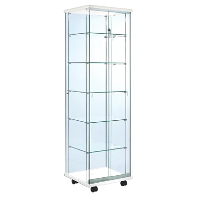 Vitrine colonne verre trempé socle blanc 5 tablettes 52 x 46 x 180 cm sur roulettes - Vitrine d’exposition - Vitrines Bois