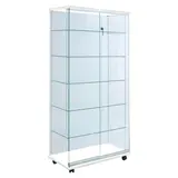 Vitrine verre trempé socle blanc 5 tablettes 80 x 46 x 180 cm sur roulettes - Vitrine d’exposition - Vitrines Bois