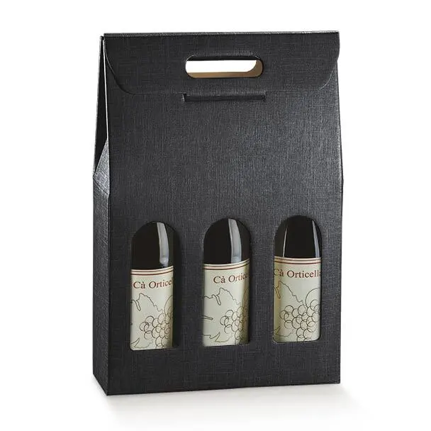 Boîte 3 bouteilles avec poignée et fenêtre 27x9x38,5cm - Étui carton 3 bouteilles - Noir - Lot de 30 - Coffrets pour bouteilles de vin, Boîtes pour bouteilles de vin