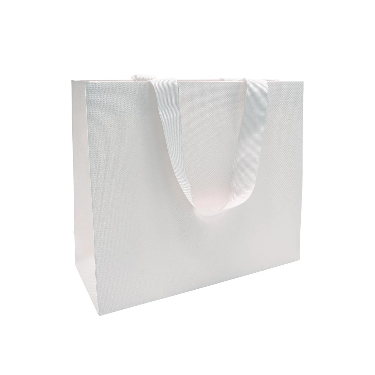 Sac papier blanc gaufré avec poignées en ruban blanc L.19 x P.8 x H.15 cm - Sacs kraft luxe