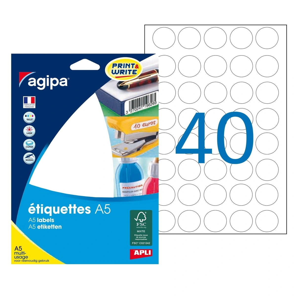 Pastille adhésive permanente Blanche ø 24 mm Agipa - Pastille de signalisation - Étui de 640 - Gommettes de couleur-2