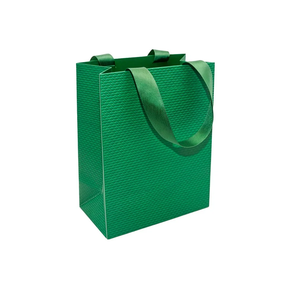 Sac papier vert gaufré poignées ruban L.18 x P.10 x H.23cm 250g/m² - Paquet de 20 - Sacs pelliculés unis, poignées ruban