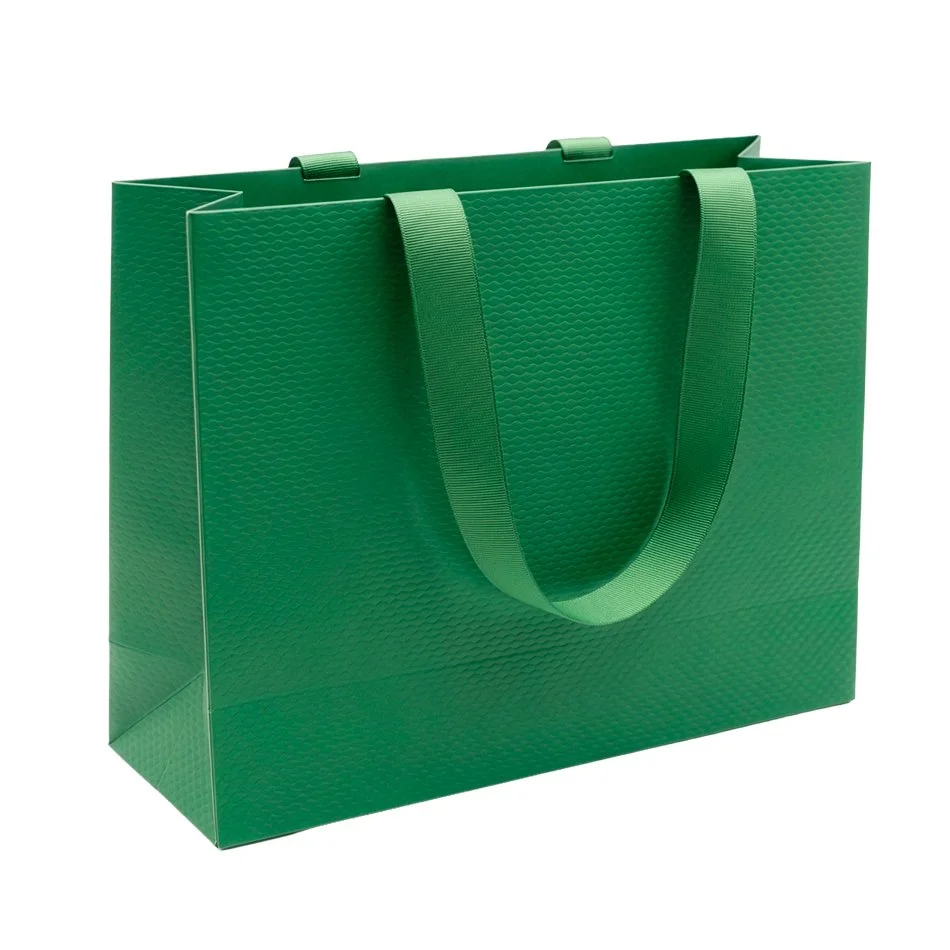 Sac papier gaufré pelliculé mat Vert avec poignées ruban 32 x 11 x 25 cm - Paquet de 20 - Sacs pelliculés unis, poignées ruban