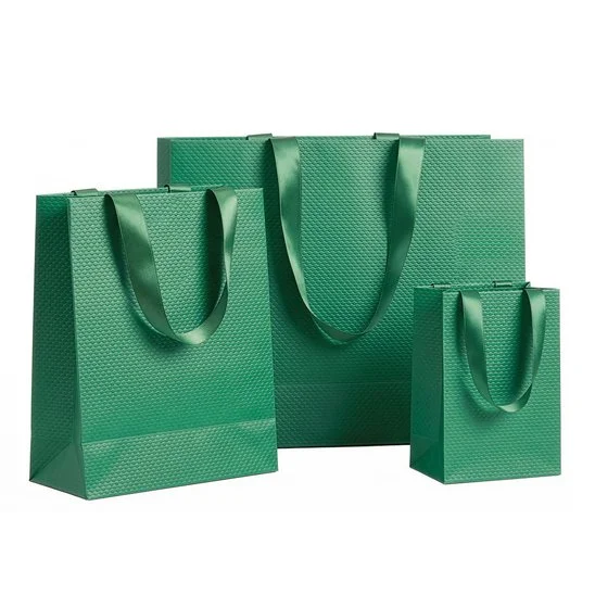 Sac papier gaufré pelliculé mat Vert avec poignées ruban 32 x 11 x 25 cm - Paquet de 20 - Sacs pelliculés unis, poignées ruban-2