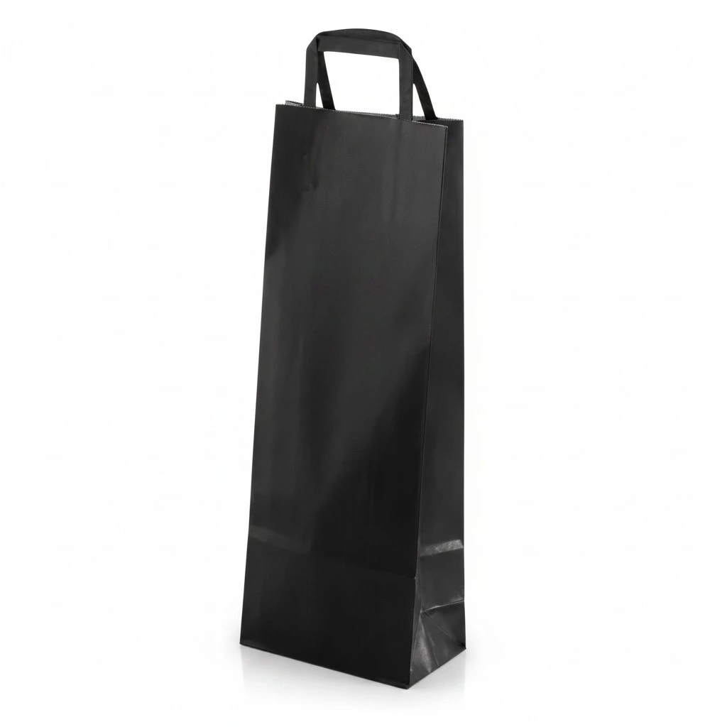 Sac bouteille kraft noir poignées plates 14 x 9 x 36 cm 100 g/m² – Sac cadeau bouteille – 1 bouteille - Paquet de 250 - Sacs bouteilles