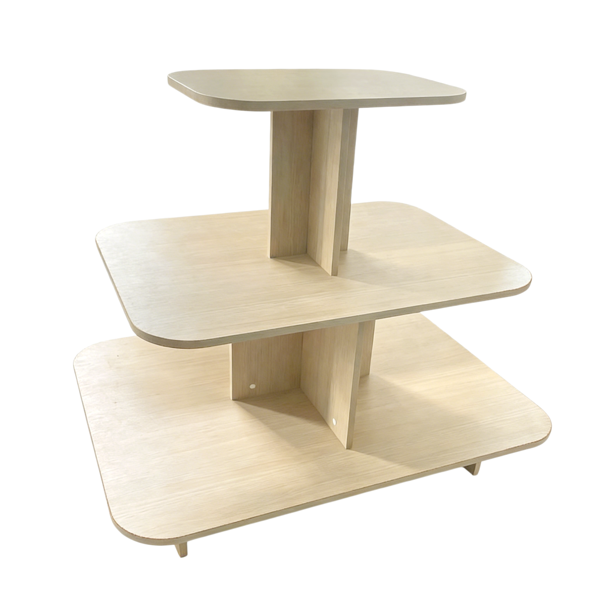 Présentoir 3 niveaux ovale chêne 120 x 90 x 106 cm - Présentoir central - Présentoir pyramide - Podiums de présentation, Présentoirs 3 niveaux