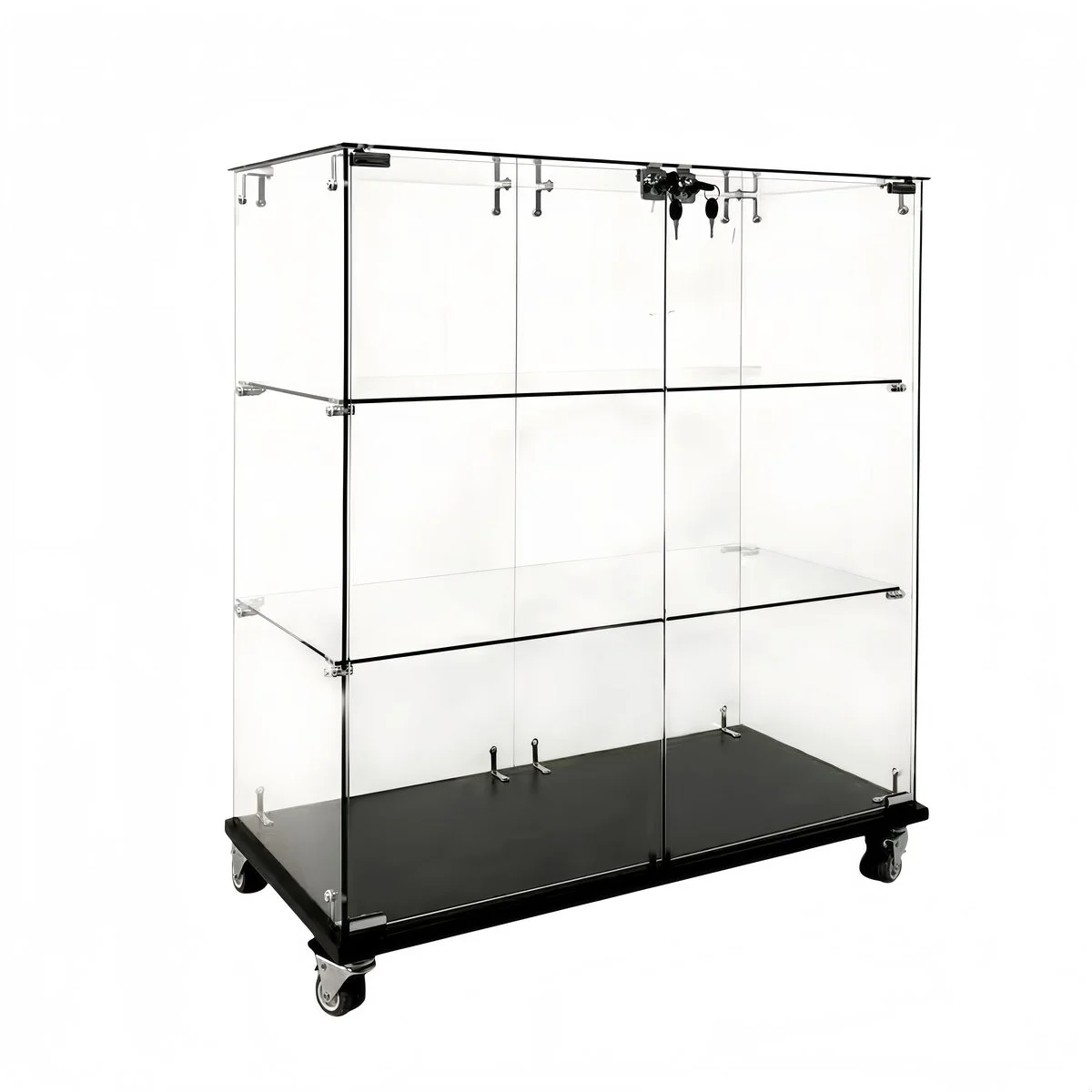 Vitrine d'exposition bois noir 4 tablettes verre sur roulettes 80 x 40 x 90 cm – Meuble vitrine - Meuble vitrine exposition magasin - Vitrines Bois