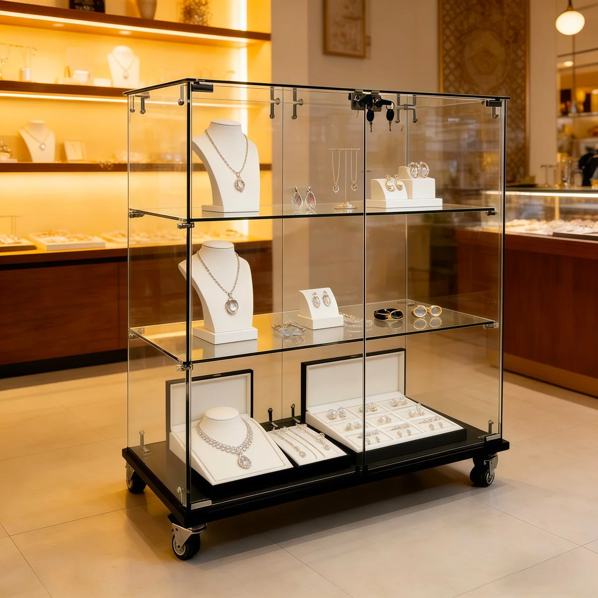 Vitrine d'exposition bois noir 4 tablettes verre sur roulettes 80 x 40 x 90 cm – Meuble vitrine - Meuble vitrine exposition magasin - Vitrines Bois-2