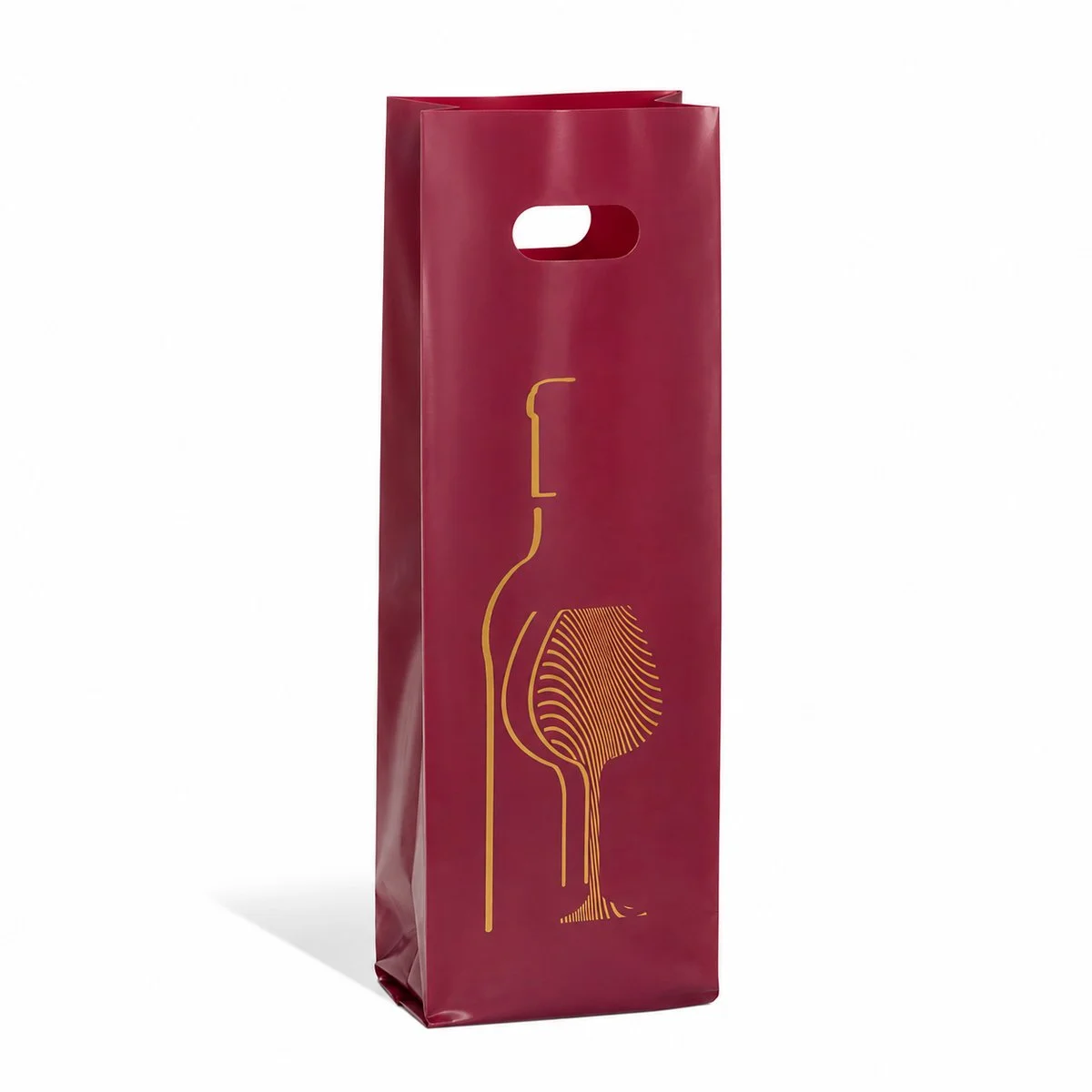 Sac bouteille plastique lie de vin imprimé or poignées découpées 12 x 6 x 46 cm - Sac cadeau bouteille - 1 bouteille - Paquet de 50 - Sacs bouteilles