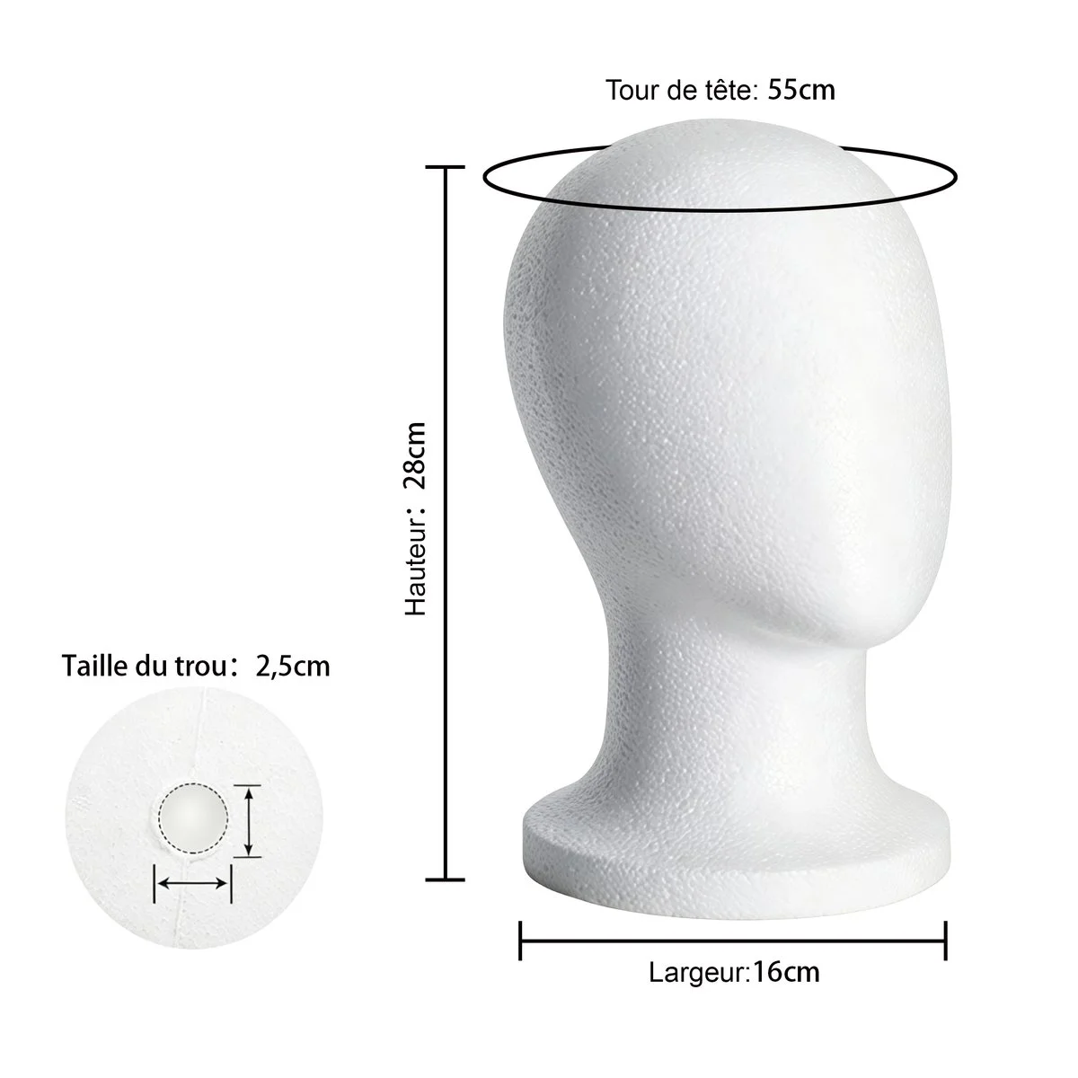 Tête mannequin unisexe polystyrène blanc H 28,5 cm – Tête d'exposition pour chapeau, casquette, foulard et perruque – Tour de tête 54 cm - Têtes mannequin, têtes à perruque-3