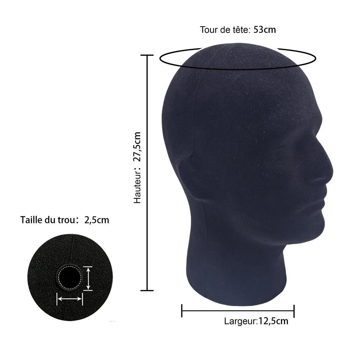 Tête mannequin homme polystyrène floqué velours noir H 28 cm – Tête d'exposition pour chapeau, casquette et perruque – Tour de tête 54 cm - Têtes mannequin, têtes à perruque-3