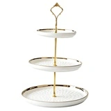 Présentoir à gâteaux 3 niveaux en céramique ø 25,5 / 20 / 15 x H 37 cm – Serviteur à gâteaux - Blanc liseré or - Cloches à gâteaux, Présentoirs gâteaux