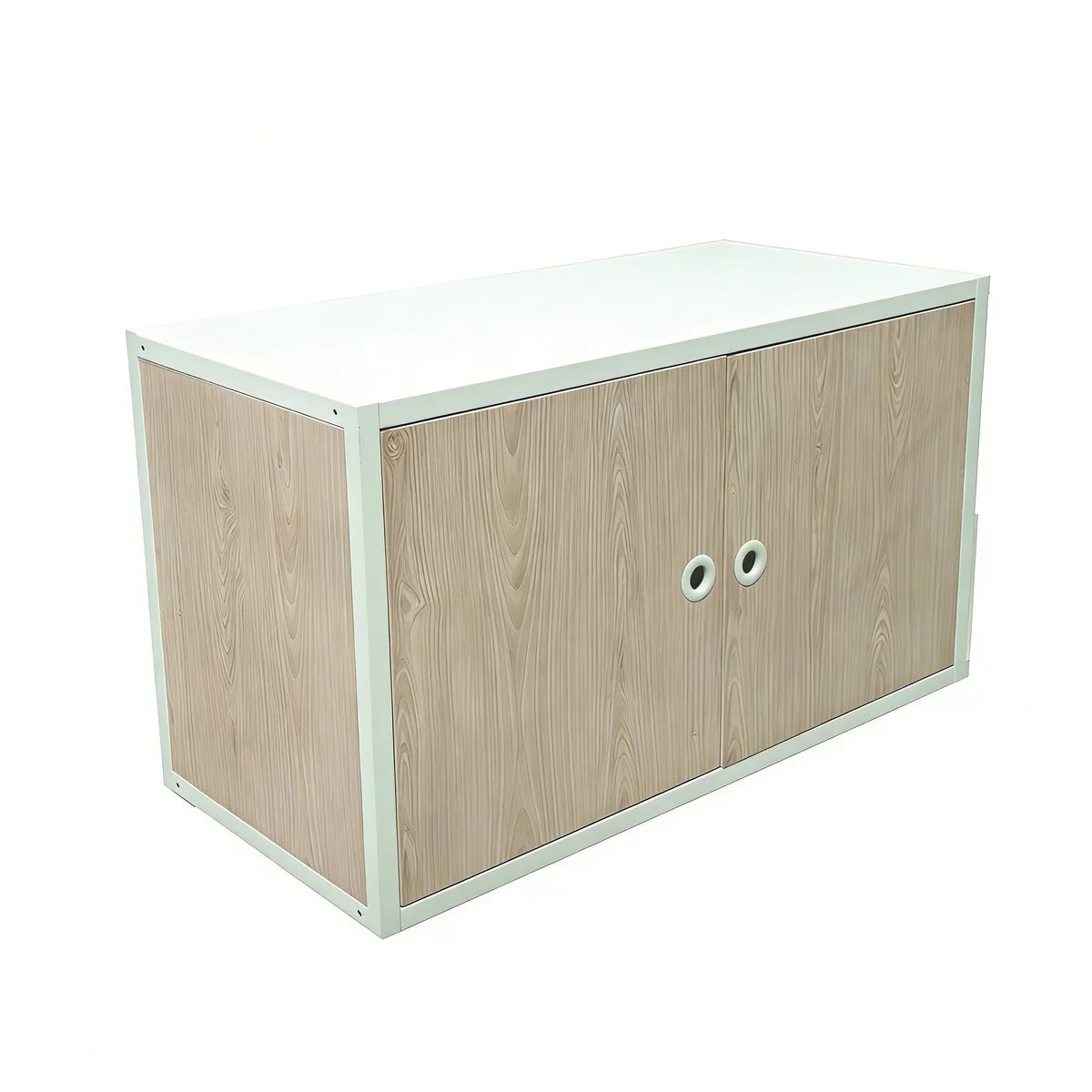 Caisson 2 portes métal 80 x 40 x 43,5 cm – Module de rangement pour étagère magasin - Blanc / Chêne clair - Étagères magasins, Présentoirs bois
