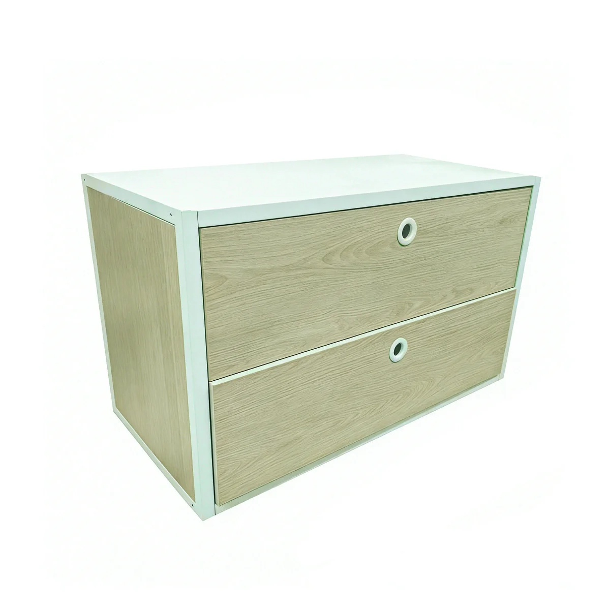 Caisson 2 tiroirs métal 80 x 40 x 43,5 cm – Module de rangement pour étagère magasin - Blanc / Chêne clair - Étagères magasins, Présentoirs bois