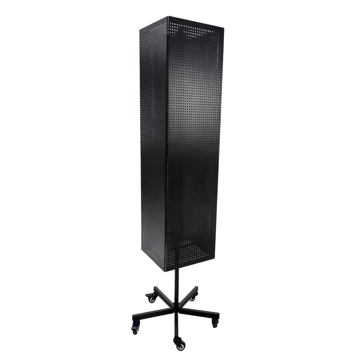Présentoir rotatif perforé 4 faces sur roulettes 32 x 32 x H 170 cm – Tourniquet magasin métal noir pour bijoux et accessoires - Présentoirs à bijoux multifonction
