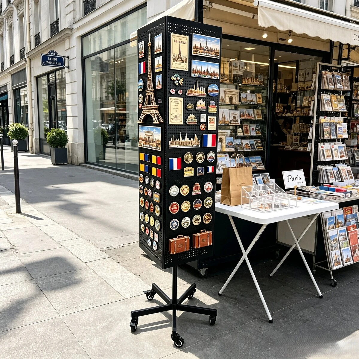 Présentoir rotatif perforé 4 faces sur roulettes 32 x 32 x H 170 cm – Tourniquet magasin métal noir pour bijoux et accessoires - Présentoirs à bijoux multifonction-3