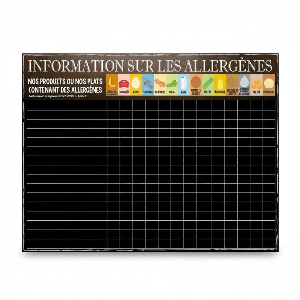 Panneau d'information allergènes 60 x 45 cm – Tableau 14 allergènes à compléter au feutre craie - Affichage Prix et tarifs