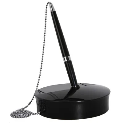 Stylo de comptoir sur socle lesté avec chainette métal perlé et adhésif de fixation - Stylo bille sur socle - Noir - Stylos billes