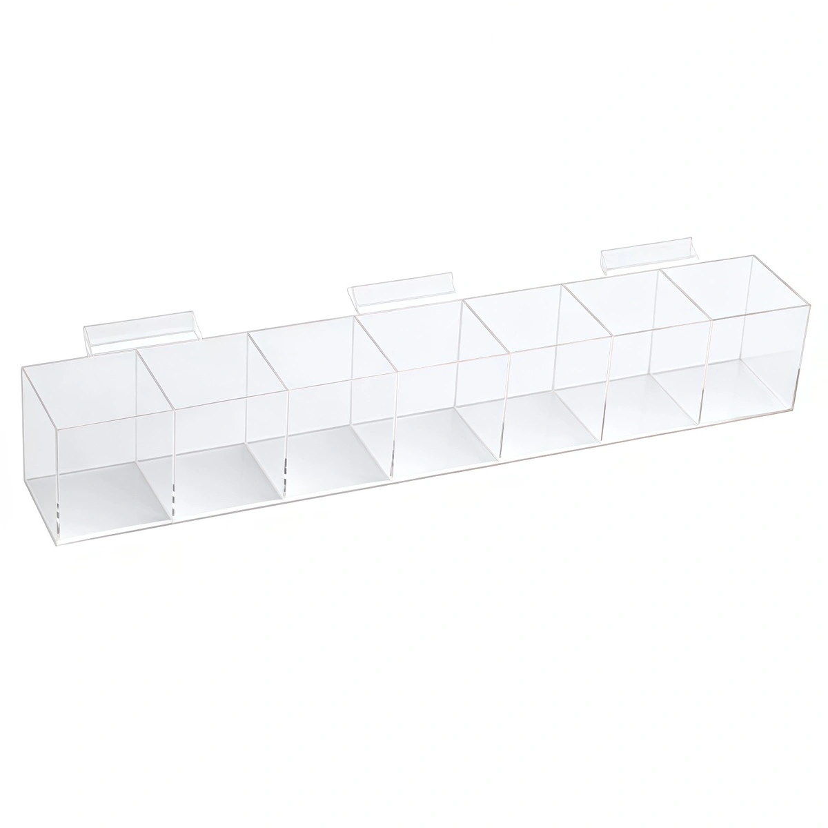 Présentoir plexi avec compartiments pour panneau rainuré 58 x 8 x 9 cm - Boîte plexi - Bac plexi - Bacs pour panneaux rainurés
