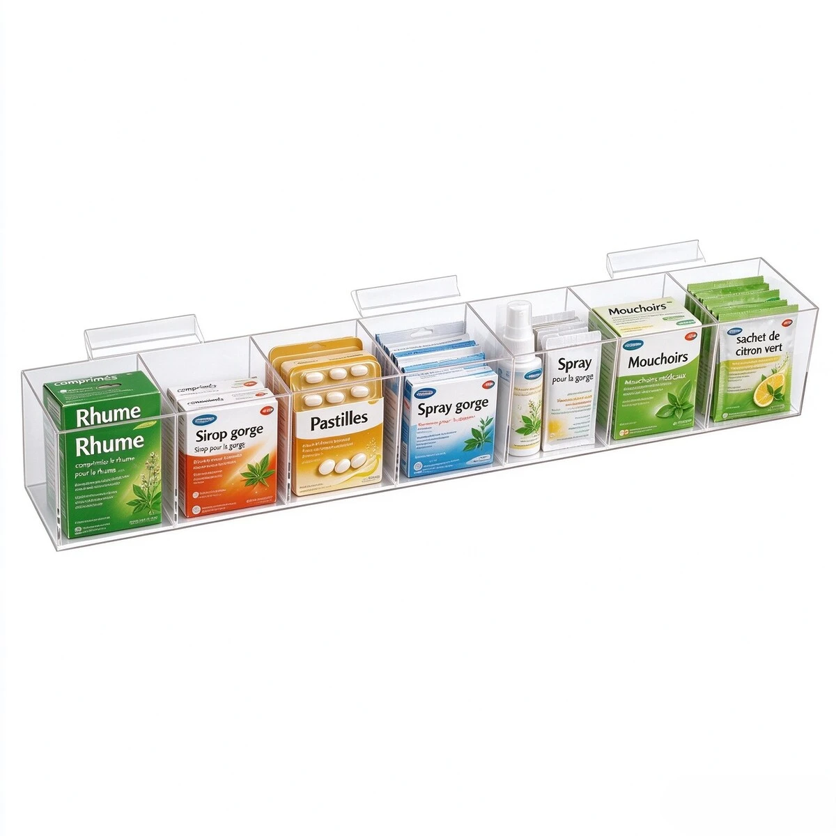 Présentoir plexi avec compartiments pour panneau rainuré 58 x 8 x 9 cm - Boîte plexi - Bac plexi - Bacs pour panneaux rainurés-2