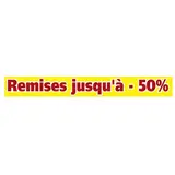 Affiche promo Remises jusqu'à -50% 165 x 20 cm jaune / rouge - Affiches Destockage / Liquidation