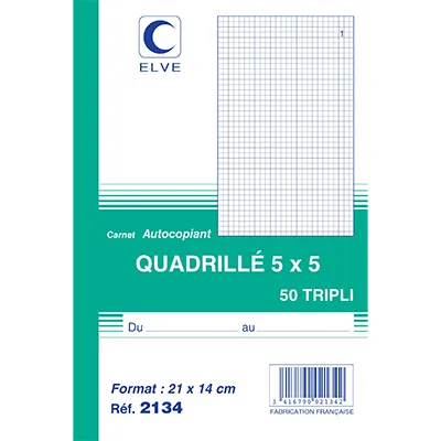 Carnet manifold autocopiant quadrillé 5x5 - 14 x 21 cm - 50 feuilles 3 exemplaires - Carnets autocopiants