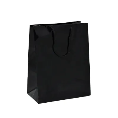 Sac pelliculé noir brillant poignées cordelette 17,8 + 9,8 x 22,9 cm - Paquet de 20 - Sacs pelliculés poignées cordelette