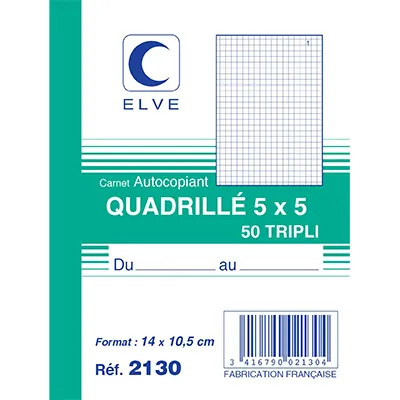 Carnet manifold autocopiant quadrillé 5x5 - 10,5 x 14 cm - 50 feuilles 3 exemplaires - Carnets autocopiants