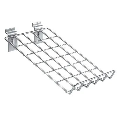 Tablette inclinée fil métal pour panneau rainuré avec rebord 25 x 35 cm chromé - Support incliné - Tablettes pour panneaux rainurés