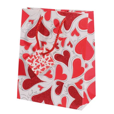 Sac cadeau papier pelliculé coeurs rouges 17,8 x 9,8 x 22,9 cm - Sac Saint Valentin - Lot de 20 - Sacs pelliculés à motifs